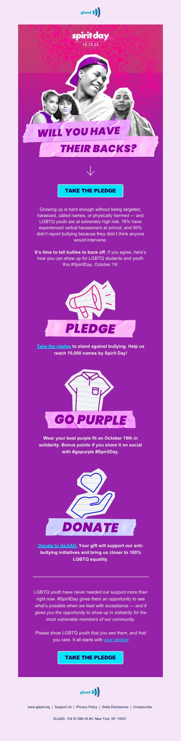 An email design for GLAAD's Spirit Day.