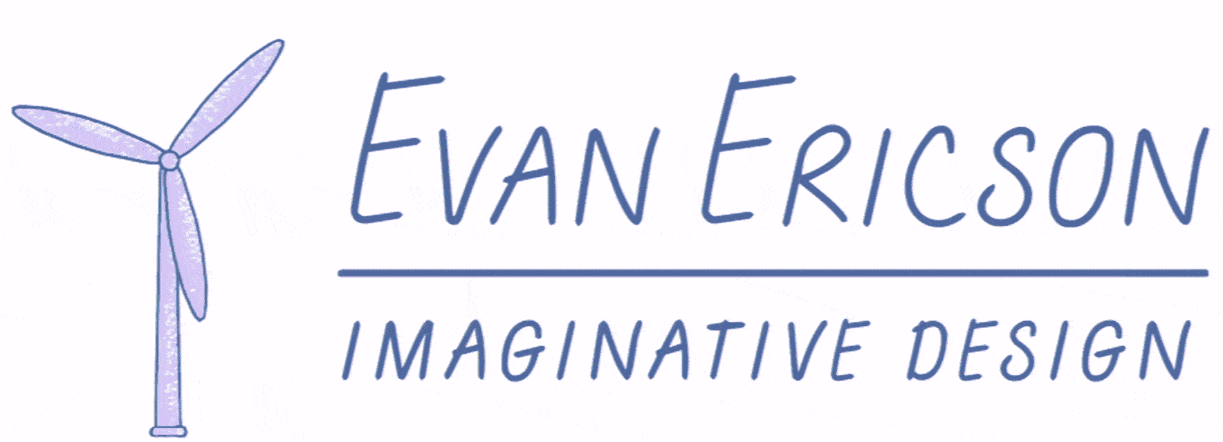 An animated logo that reads "Evan Ericson Imaginative Design" and features a spinning wind turbine that morphs into a whirligig and back again.