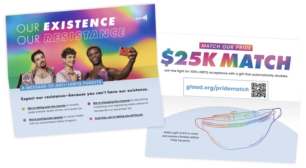 The front and back of a print insert for GLAAD. The front features ways that the org amplifies LGBTQ concerns, and the back underscores a match.