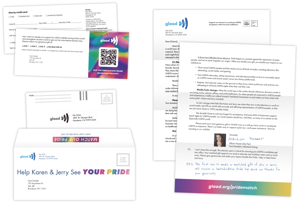 Print components for GLAAD Pride campaign including a reply, an outer envelope, a CRE, and a letter.