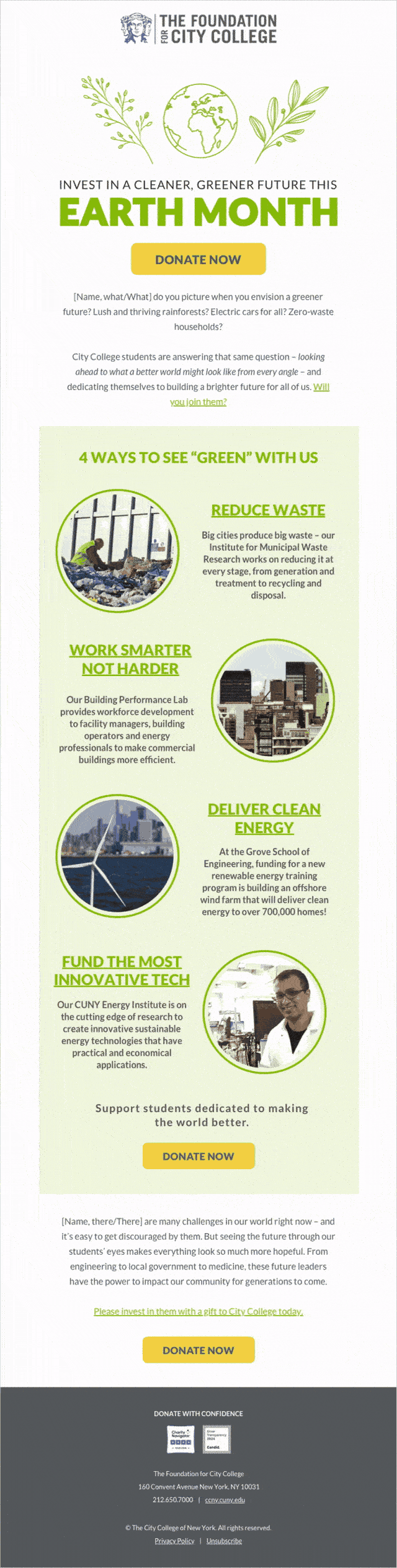 A visual email for FCC that features a spinning globe animation in the header and reasons to donate for Earth Month in the middle.