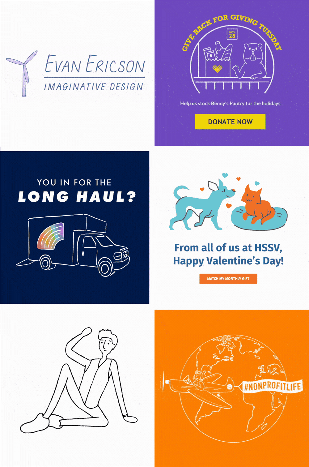 A collection of illustrations and animations, including a logo that features a windmill transforming into a whirligig and back again.