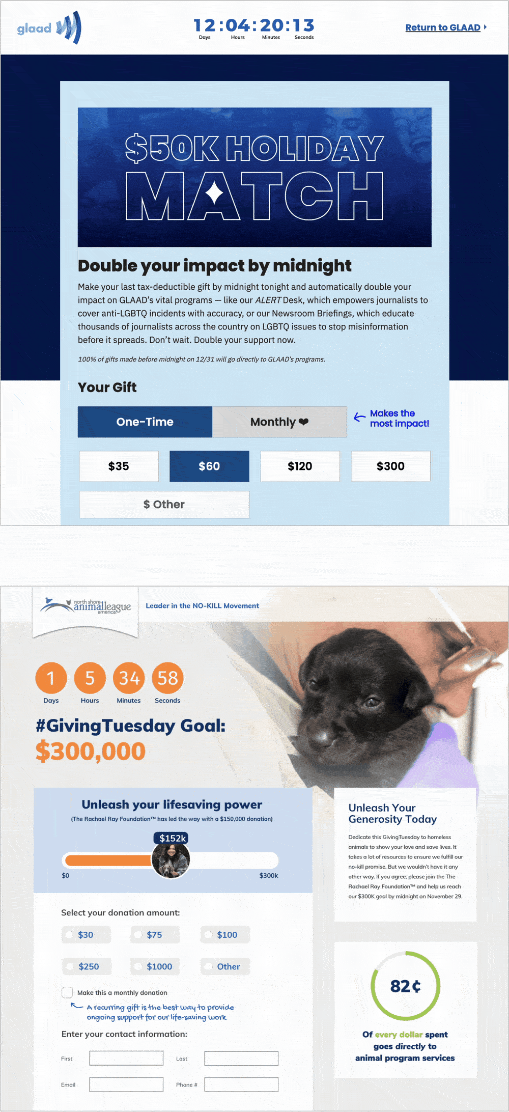 Donation forms for GLAAD and North Shore Animal League with countdown clocks.