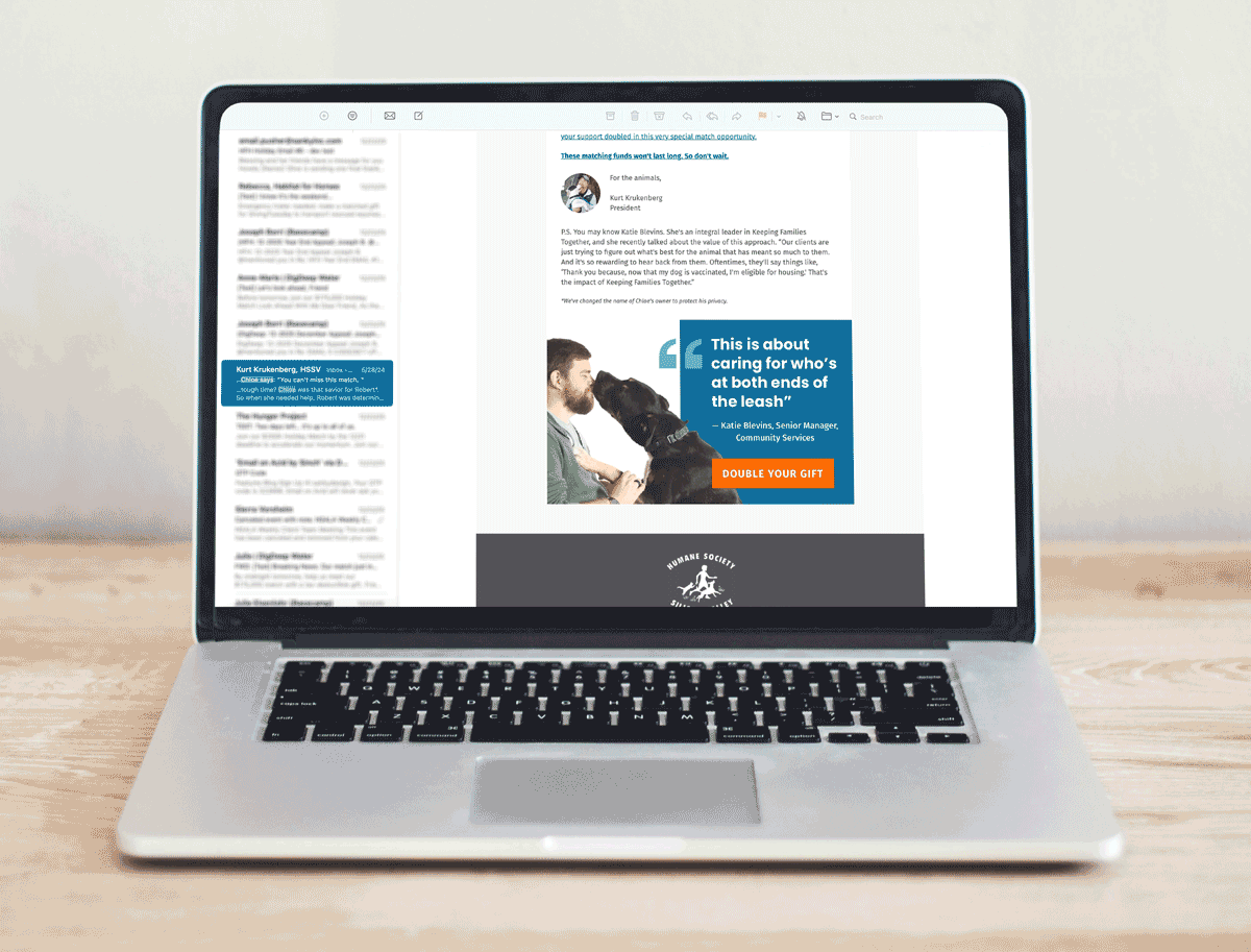 A gif showing three different digital pieces from an integrated campaign: an email, a popup modal, and a donation form.