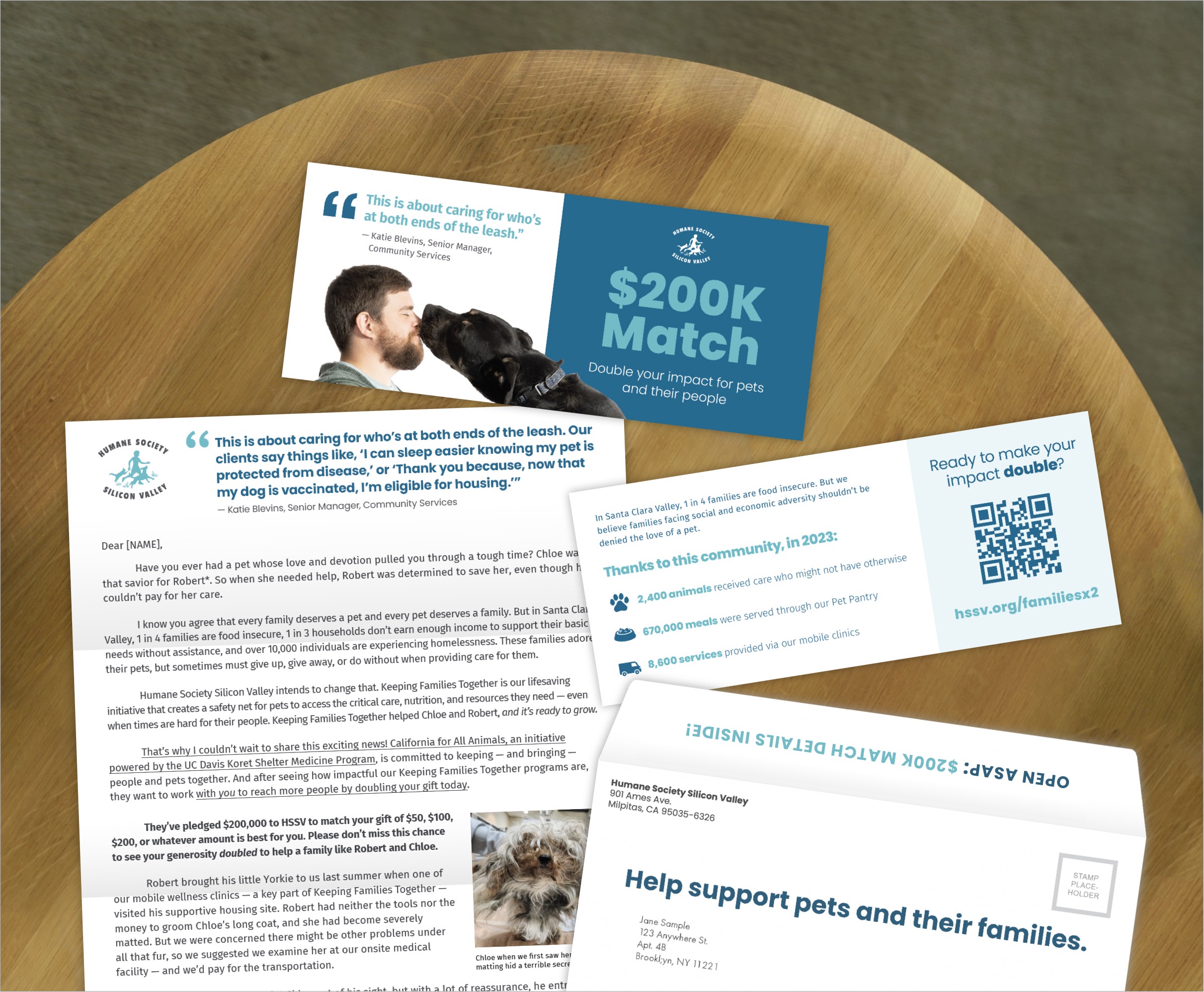 An image showing three different print pieces from an integrated campaign: a letter, an insert, and an outside envelope.