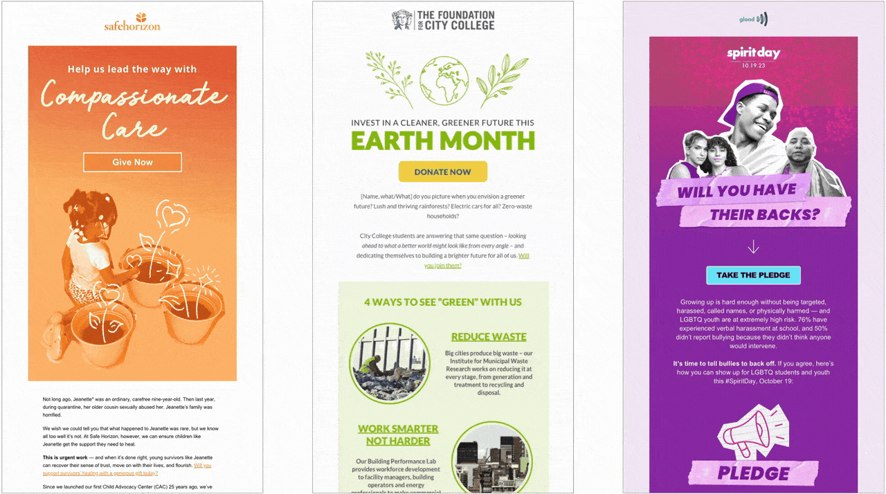 Visual emails for Safe Horizon, The Foundation for City College, and GLAAD.